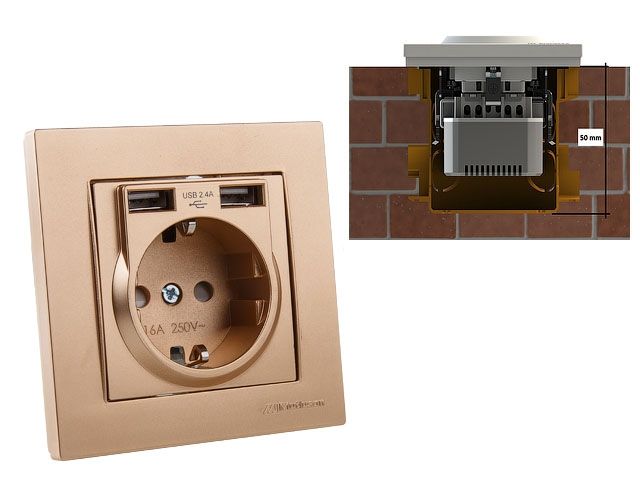 розетка 1-ая (скрытая, с/з) + 2 usb золото, rita, mutlusan 2220 619 0280 от BTSprom.by