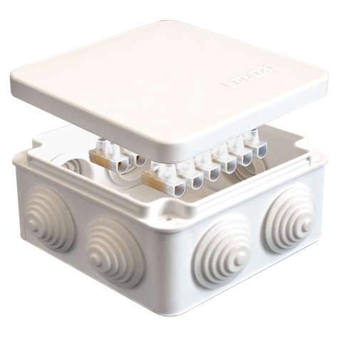 коробка распределительная оп 105х105х56мм ip54 с клемм. 7 выходов 4 гермоввода 10а 12 контактов крышка защелкивающаяся бел. epplast 100013 от BTSprom.by