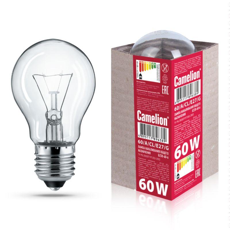 лампа электрич. накаливания 60/a/cl/e27/g с прозр. колбой лон гофра б230-60-6 camelion 15042 от BTSprom.by