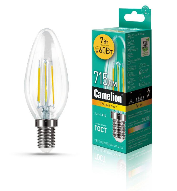 лампа светодиодная филаментная led7-c35-fl/830/e14 7вт 220в camelion 13452 от BTSprom.by