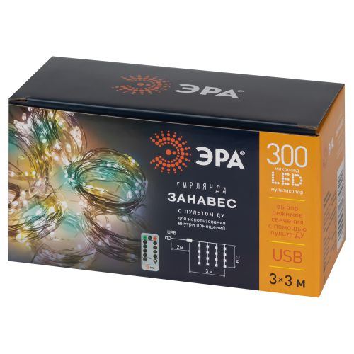  Гирлянда светодиодная "Занавес" 3х3м 300LED тепл. бел. IP20 220В с пультом USB Эра Б0056000 фото в каталоге от BTSprom.by