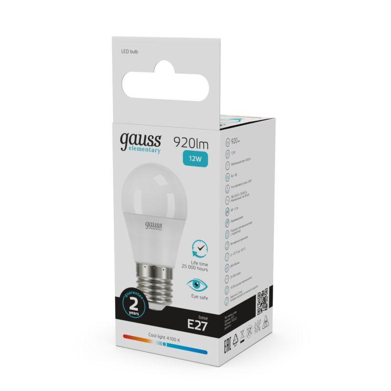Лампа светодиодная Elementary 12Вт P45 шар 4100К нейтр. бел. E27 920лм GAUSS 53222 фото в каталоге от BTSprom.by