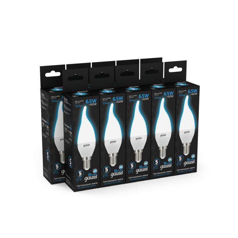 Лампа светодиодная Black 6.5Вт свеча на ветру 6500К холод. бел. E14 550лм GAUSS 104101307 фото в каталоге от BTSprom.by