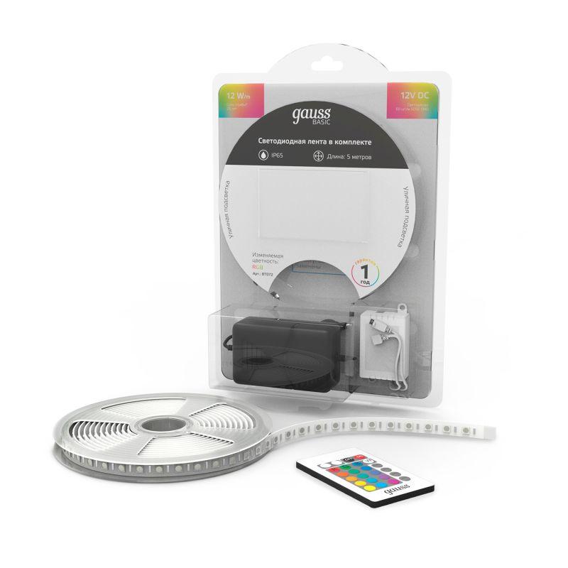  Лента светодиодная Basic 5050/60-SMD 12Вт RGB IP65 780лм/м 12В 10мм драйвер (уп.5м) GAUSS BT072 фото в каталоге от BTSprom.by