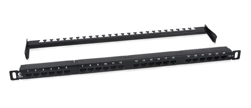 патч-панель 19дюйм 0.5u 24 порта rj45 кат.6 dual idc 180град. высокой плотности с задн. кабельн. организатором cabeus 9664c от BTSprom.by