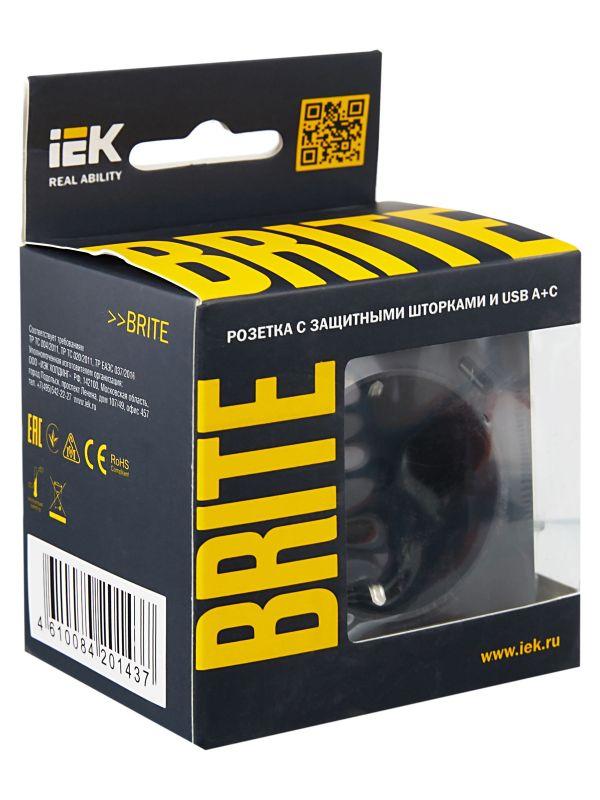  Розетка BRITE РЮш11-1-БрГ 16А с USB A+C 18Вт с заземл. защ. шторки механизм графит IEK BR-R14-16-U22-018-K53 фото в каталоге от BTSprom.by