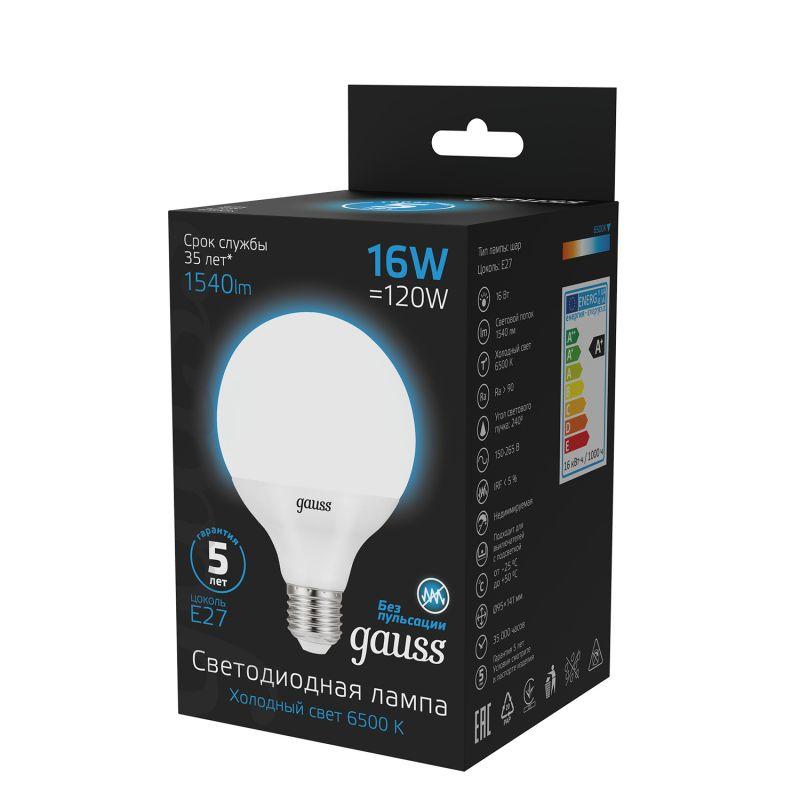 Лампа светодиодная Black 16Вт G95 шар 6500К холод. бел. E27 1540лм GAUSS 105102316 фото в каталоге от BTSprom.by