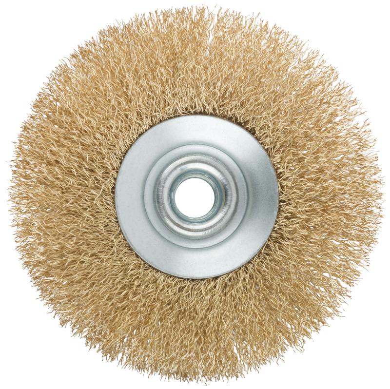  Корщетка тип "колесо" с наклоном гайка М14 стальная волнистая латунированная проволока 115мм MOS 38927М фото в каталоге от BTSprom.by