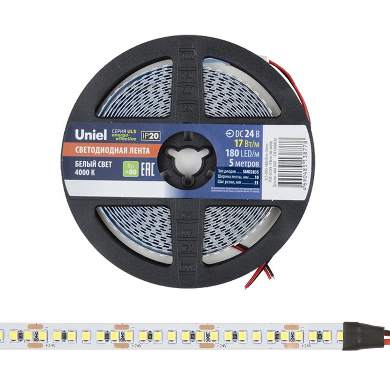 лента светодиодная uls-2835-180led/m-10mm-ip20-dc24v-17w/m-5m-4000k 17вт/м 180led/м 4000к нейтр. бел. ip20 24в dc 10мм гибкая на самоклеящейся основе герметичн. упак. (уп.5м) uniel ul-00007643 от BTSprom.by