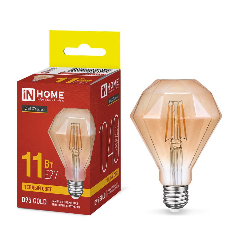 лампа светодиодная филаментная led-d95-deco gold бриллиант золотистая 11вт 230в e27 3000к 1040лм in home 4690612056104 от BTSprom.by