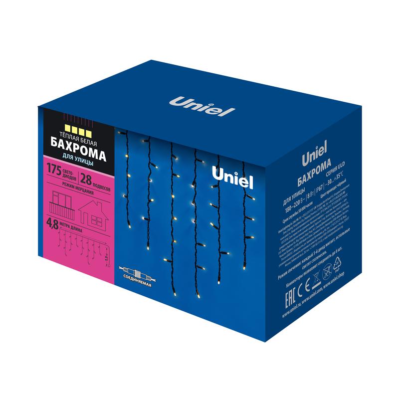 бахрома uld-b4806-176/tbk warm white ip67 с эффектом мерцания 4.8м соединяемая 176 led теплый бел. свет провод черн. uniel ul-00005281 от BTSprom.by
