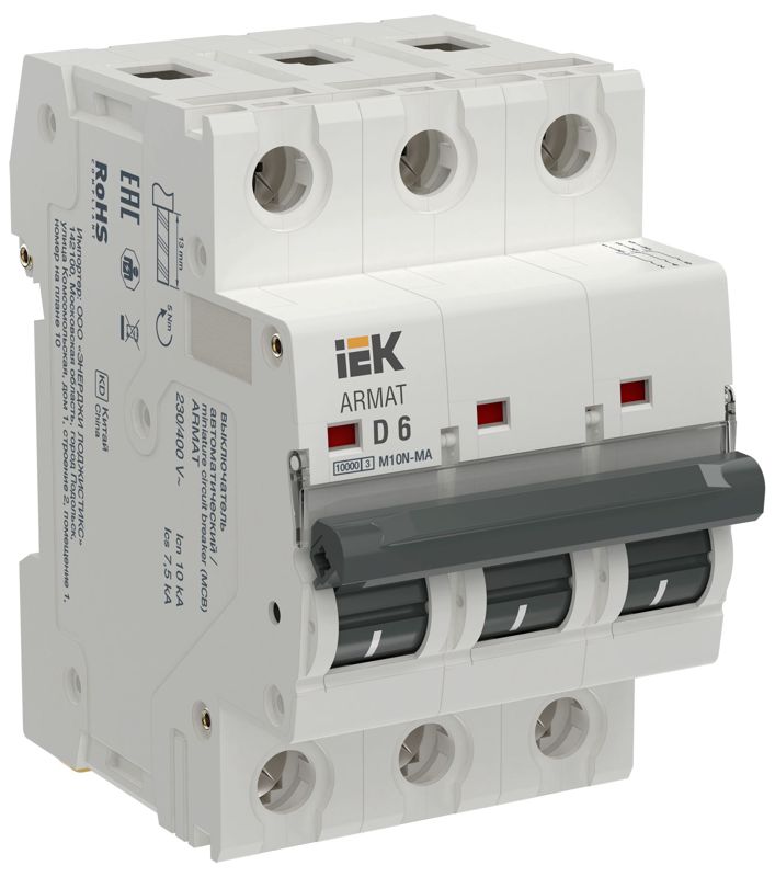 выключатель автоматический модульный 3п d 6а m10n-ma без тепл. расцеп. armat iek ar-m10n-ma-3-d006 от BTSprom.by