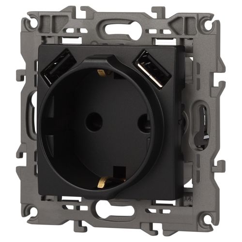  Розетка 16А 250В 2P+E с 2хUSB 5В-3А защ. шторки Elegance антрацит 14-4109-05 ЭРА Б0047871 фото в каталоге от BTSprom.by