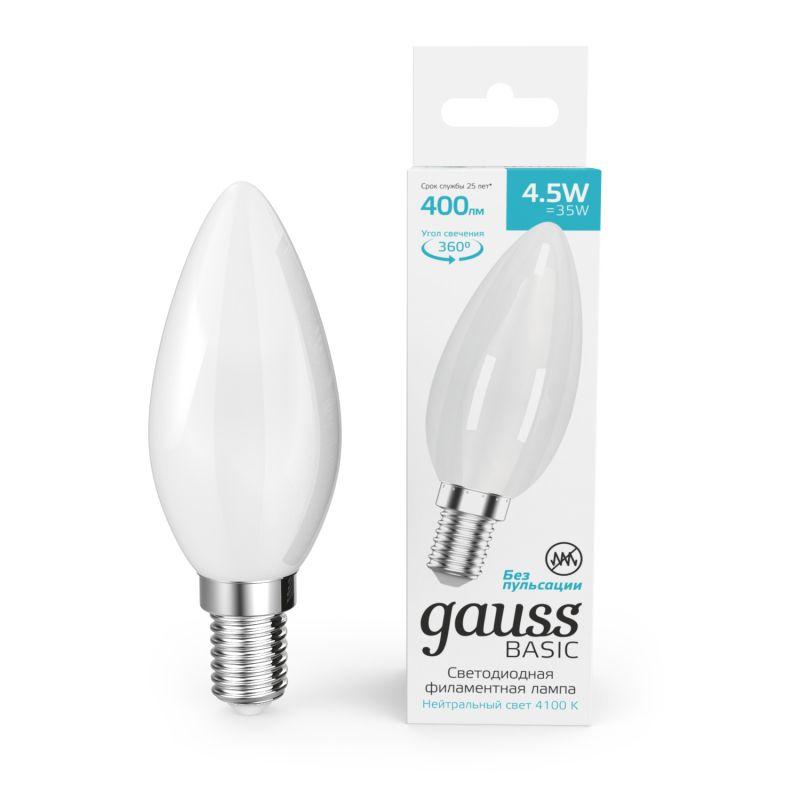 лампа светодиодная филаментная basic filament 4.5вт свеча 4100к е14 400лм milky gauss 1035125 от BTSprom.by