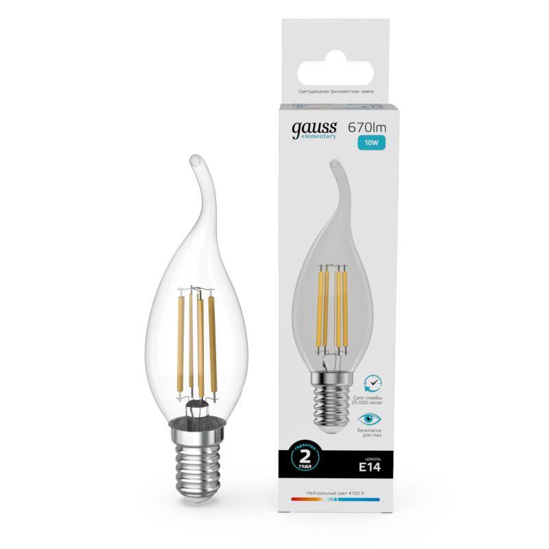 лампа светодиодная филаментная filament elementary 10вт свеча на ветру 4100к е14 670лм gauss 42120 от BTSprom.by