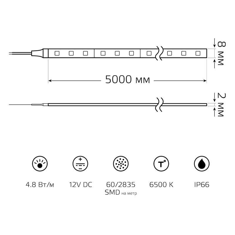  Лента светодиодная Black 2835/60-SMD 4.8Вт/м 6500К холод. бел. IP66 210лм/м 12В (блист.5м) GAUSS 311000305 фото в каталоге от BTSprom.by
