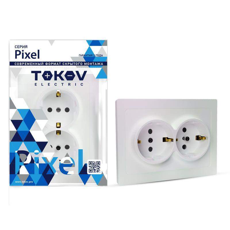 розетка 2-м сп pixel 16а ip20 с заземл. защ. шторки в сборе перламутр. tokov electric tke-px-r2fzsf-c04 от BTSprom.by