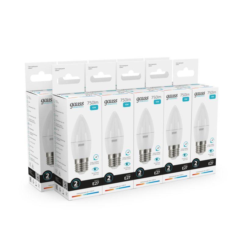 Лампа светодиодная Elementary 10Вт свеча 4100К нейтр. бел. E27 750лм GAUSS 30220 фото в каталоге от BTSprom.by