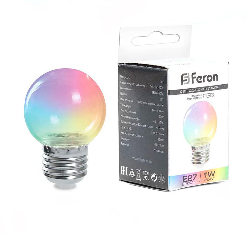 лампа светодиодная 1вт 230в e27 rgb g45 lb-37 прозрачн. плавная смена цвета feron 38132 от BTSprom.by