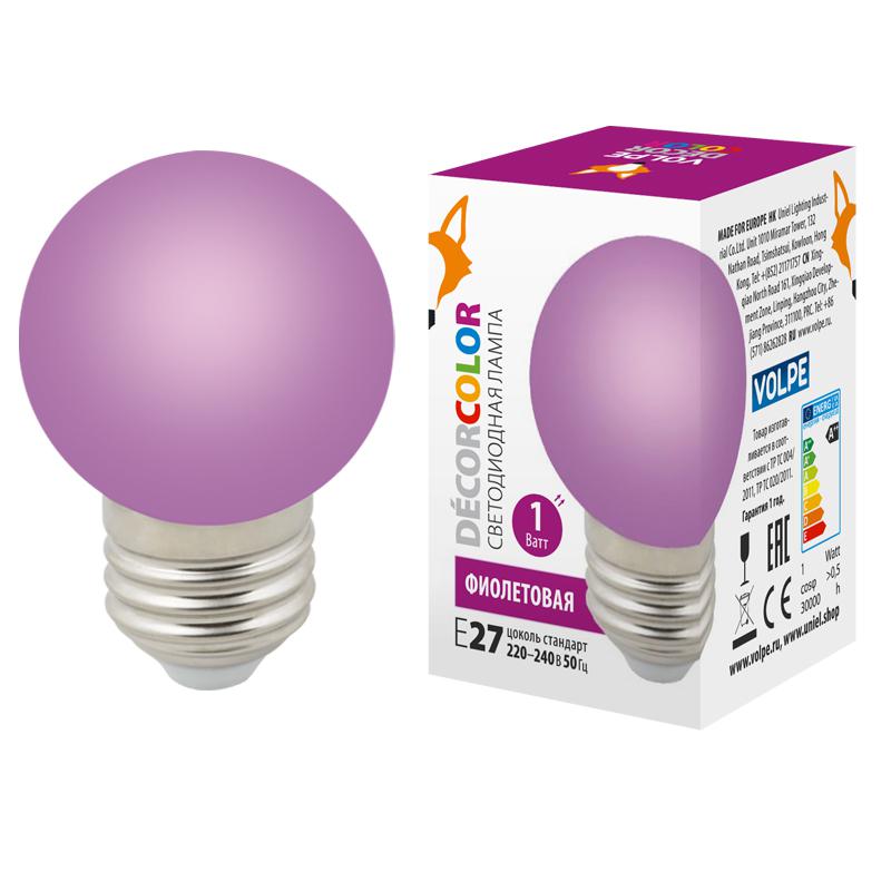 лампа светодиодная led-g45-1w/purple/e27/fr/с 1вт шар матовая фиолет. e27 декоративная (упак. картон) volpe ul-00005652 от BTSprom.by