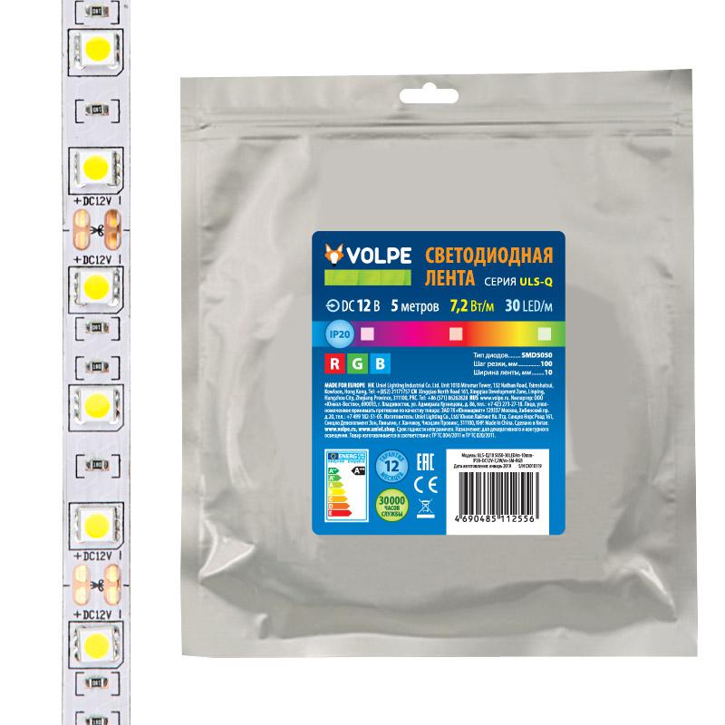 лента светодиодная гибкая uls-q210 5050-30led/m-10mm-ip20-dc12v-7.2w/m-5m-rgb на самоклеящейся основе (уп.5м) volpe ul-00004541 от BTSprom.by