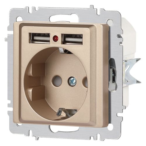  Розетка 1-м СП Accent 6-410-04 16А IP20 250В P+E Schuko + 2хUSB защ. шторки шампань Intro Б0063696 фото в каталоге от BTSprom.by