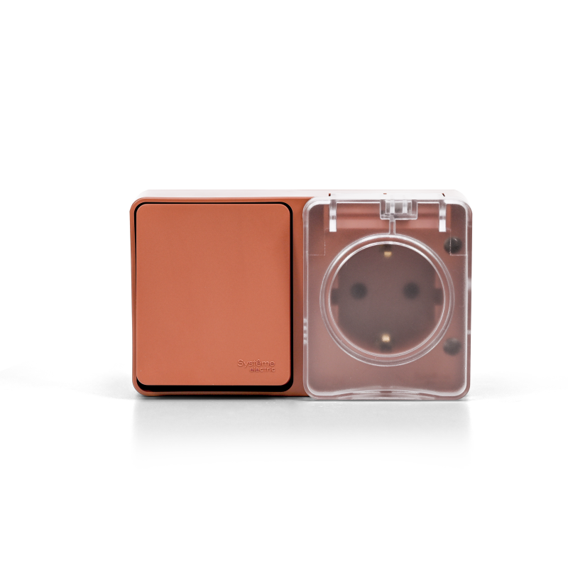  Блок ОП AtlasDesign PROFI IP54 (розетка 1-м 16А заземл. защ. шторки + 1-кл. выключатель 10А) терракот. SE ATN547070 фото в каталоге от BTSprom.by