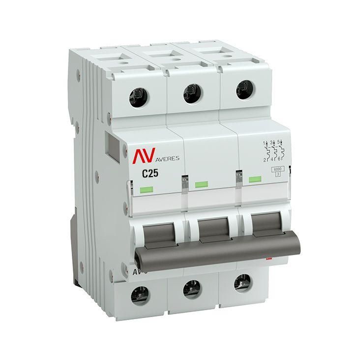 выключатель автоматический модульный 3п c 25а 6ка av-6 averes ekf mcb6-3-25c-av от BTSprom.by