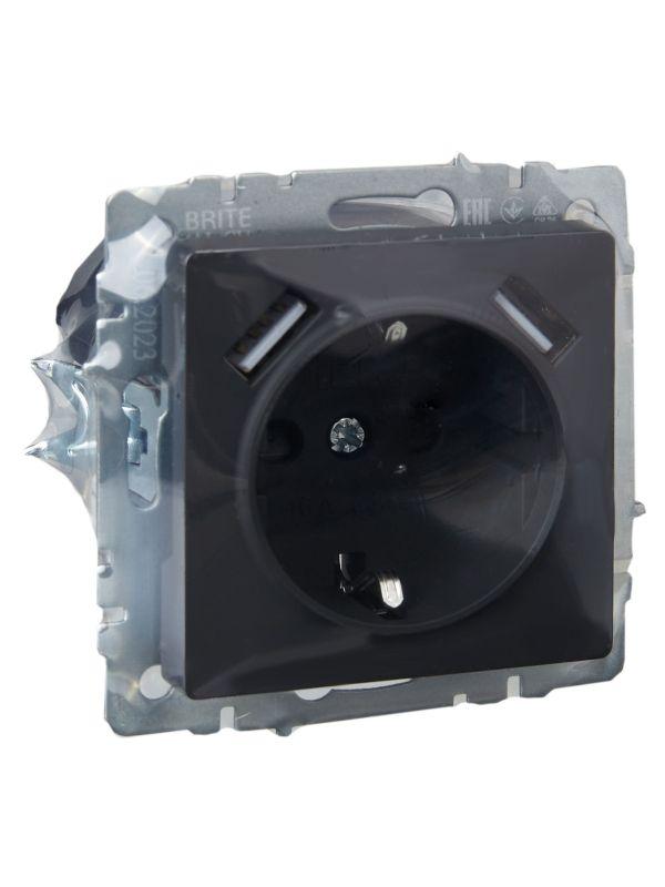  Розетка BRITE РЮш10-2-БрГ 16А с USB A+A 3.1А с заземл. защ. шторки графит IEK BR-R14-16-U21-D31-K53 фото в каталоге от BTSprom.by