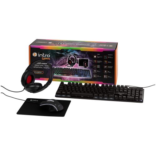  Комплект клавиатура и мышь DX850 игровые 1200-3600dpi + коврик + гарнитура черн. Intro Б0056141 фото в каталоге от BTSprom.by