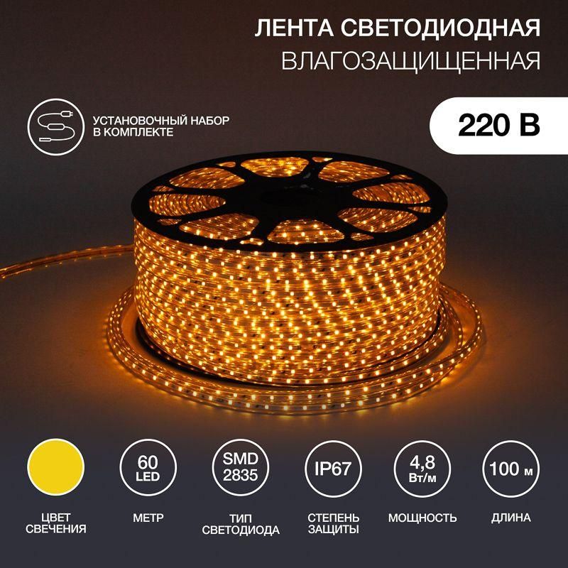 лента светодиодная smd3528 10х7мм 60led/м 4.8вт/м 220в ip67 желт. (уп.100м) neon-night 142-602 от BTSprom.by