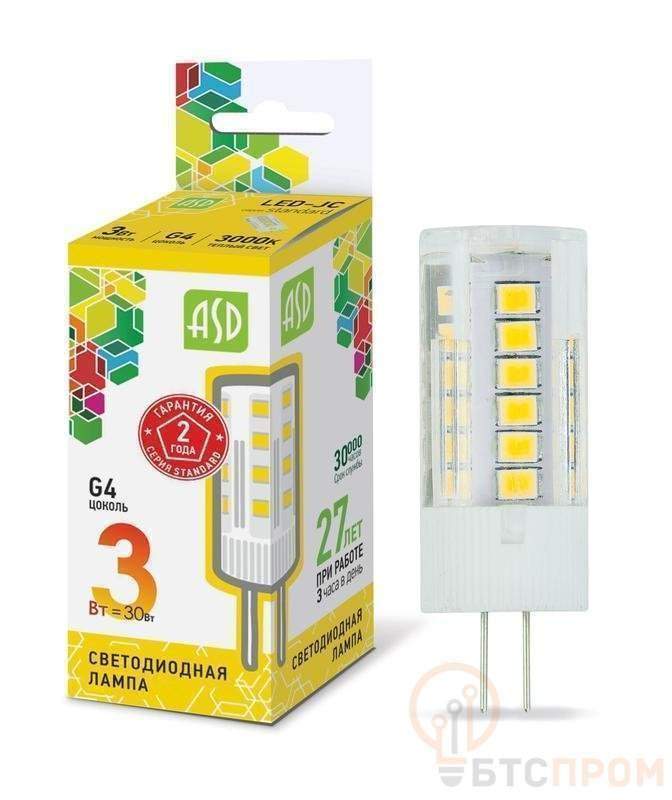 лампа светодиодная led-jc-standard 3вт капсульная 3000к тепл. бел. g4 270лм 12в asd 4690612004624 от BTSprom.by