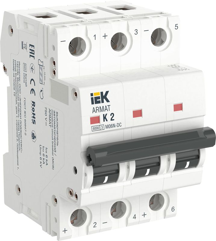 выключатель автоматический модульный 3п k 2а m06n-dc armat iek ar-m06n-3-k002dc от BTSprom.by