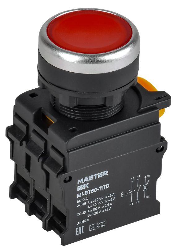 кнопка d22мм 1но+1нз master с подсветкой и фиксацией красн. iek mi-bt60-11td-3-11-k04 от BTSprom.by