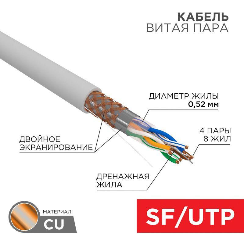 кабель витая пара sf/utp кат.5e 4х2х0.51 24awg solid pvc indoor медь сер. (305м) (м) rexant 01-0342 от BTSprom.by