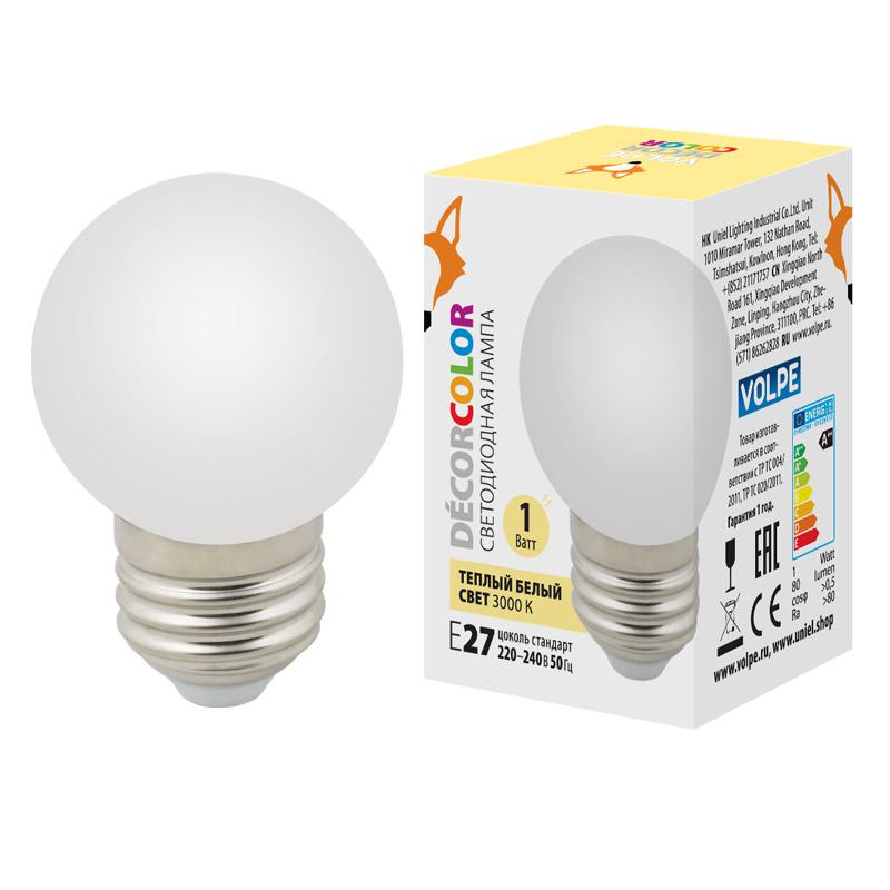 лампа светодиодная led-g45-1w/3000k/e27/fr/с 1вт шар матовая 3000к тепл. бел. e27 декоративная (упак. картон) volpe ul-00006560 от BTSprom.by
