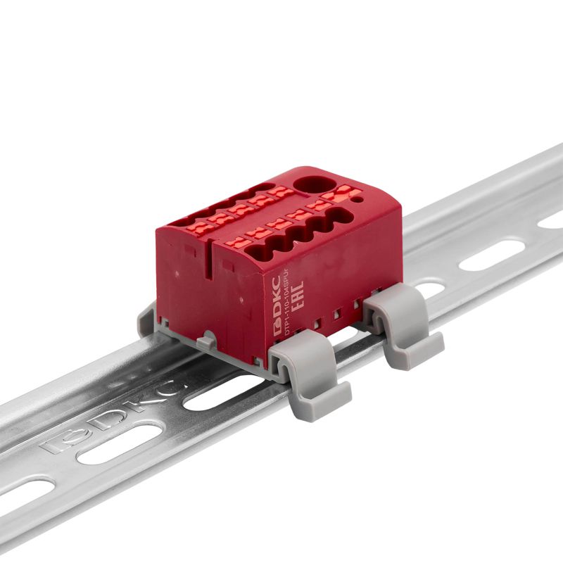 блок распределительный с горизонт. адаптером на рейку шир. 35мм зажим push-in 1 ввод 6кв.мм 10 точек подключения 2.5кв.мм красн. dkc dtp1-110-104spur-h от BTSprom.by