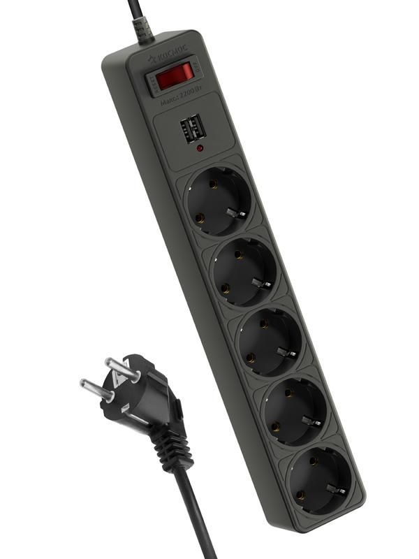 удлинитель с сетевым фильтром 5х3м с заземл. 10а ip20 2.2квт 2хusb 3х0.75 с предохранителем космос fksm3m-5g(b)usb от BTSprom.by