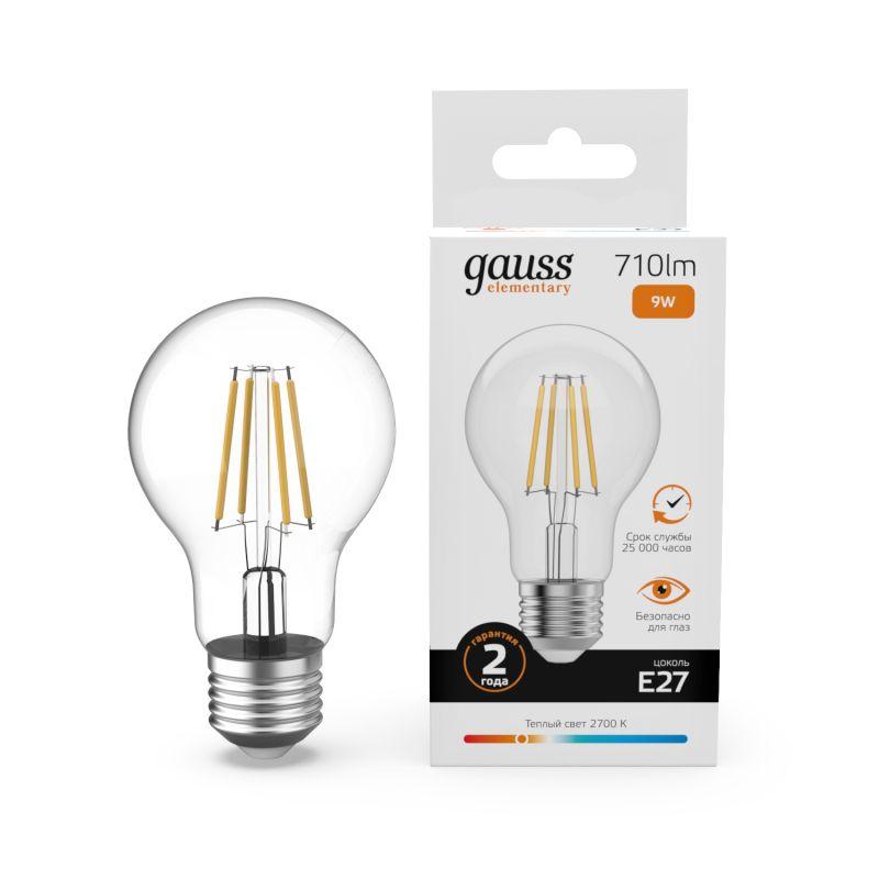 лампа светодиодная филаментная filament elementary а60 9вт 2700к е27 710лм gauss 22219 от BTSprom.by