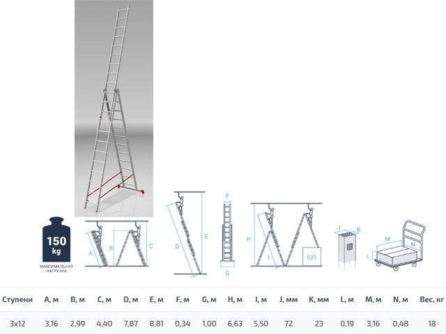 лестница алюм. 3-х секц. 299/787/316см 3х12 ступ., 18,0кг pro startul (st9942-12) от BTSprom.by