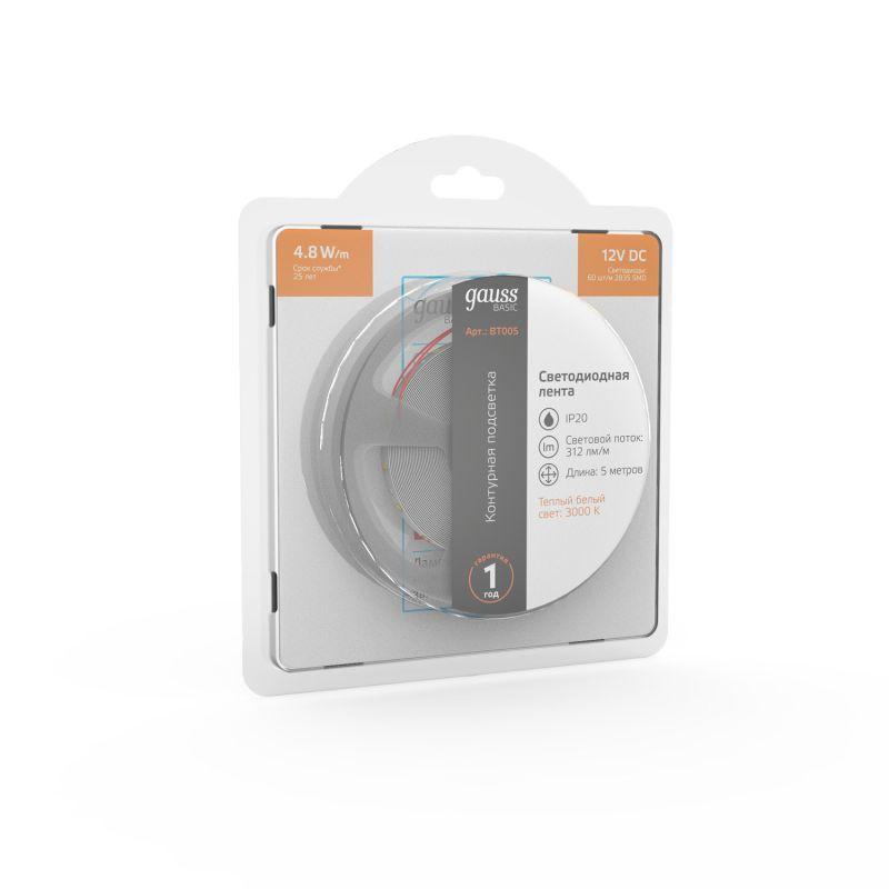  Лента светодиодная Basic 2835/60-SMD 4.8Вт/м 3000К тепл. бел. IP20 312лм/м 12В 8мм (уп.5м) GAUSS BT005 фото в каталоге от BTSprom.by
