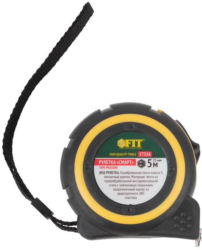  Рулетка Смарт 5мх25мм калибр. лента; нейлон. покрытие; магн. крючок; прорезиненный корпус FIT 17316 фото в каталоге от BTSprom.by