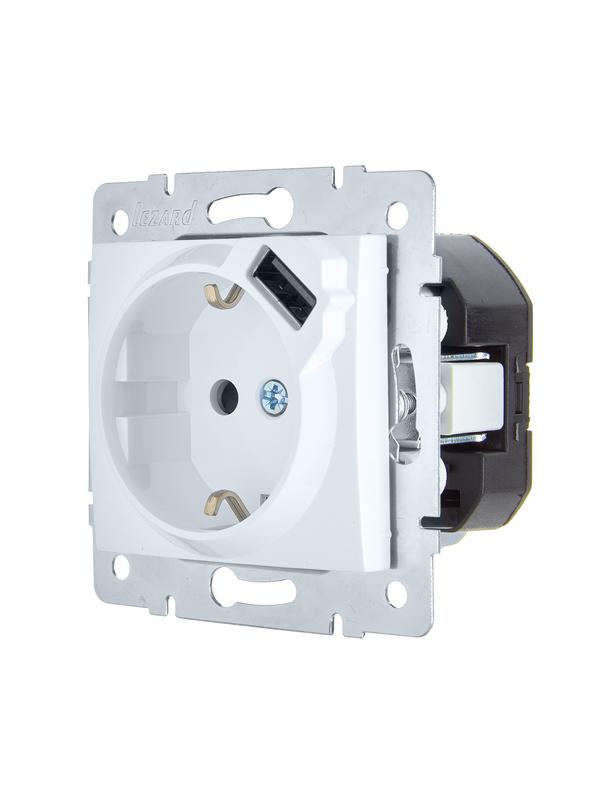  Розетка 1-м СП ASTI 16А IP20 с заземл. с заряд. устройством USB механизм бел. LEZARD 7081-0288-181 фото в каталоге от BTSprom.by