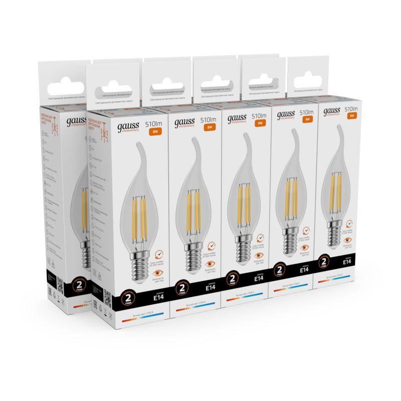Лампа светодиодная филаментная Filament Elementary 8Вт свеча на ветру 2700К Е14 510лм GAUSS 42118 фото в каталоге от BTSprom.by
