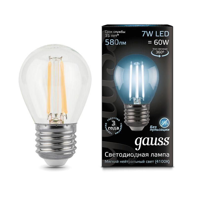 лампа светодиодная филаментная black filament 7вт p45 шар 4100к нейтр. бел. e27 580лм gauss 105802207 от BTSprom.by