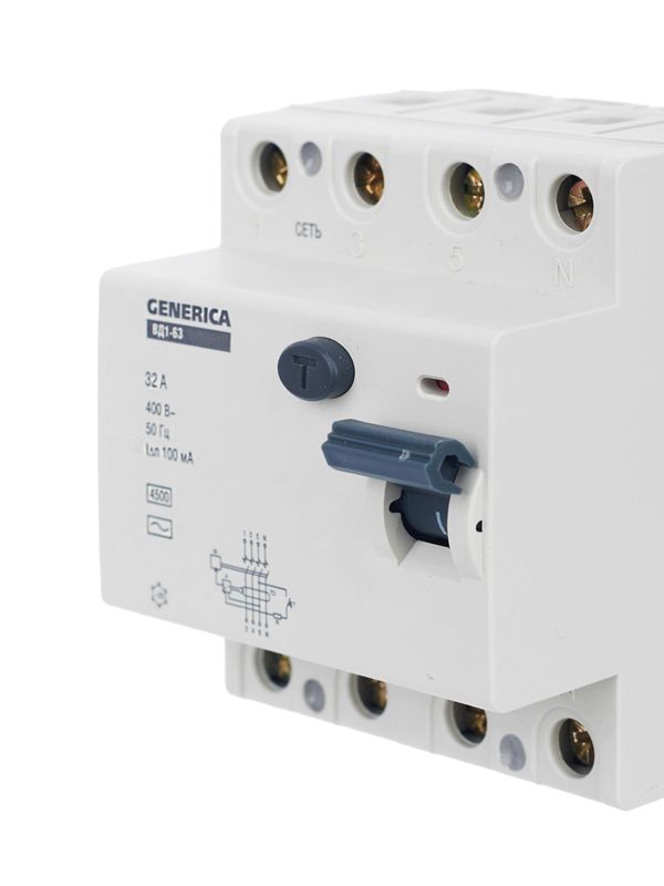  Выключатель дифференциального тока (УЗО) 4п 32А 100мА тип AC ВД1-63 GENERICA MDV15-4-032-100 фото в каталоге от BTSprom.by