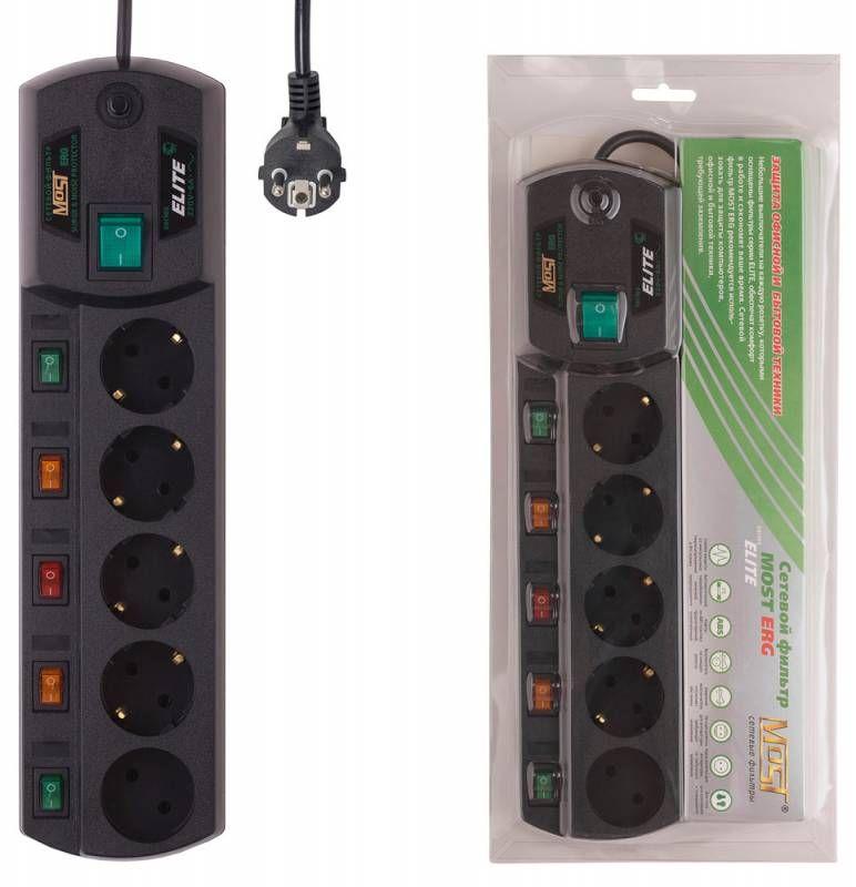 удлинитель с сетевым фильтром 5х2м erg черн. (коробка) most 633408 от BTSprom.by