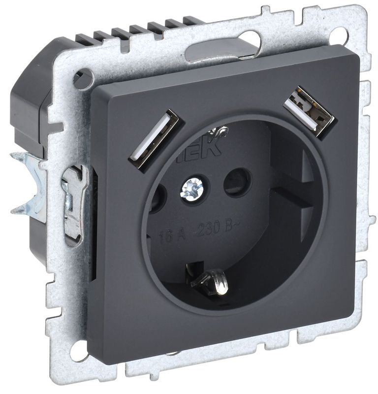 розетка brite рюш10-1-брг 16а с usb a+a 2.1а с заземл. защ. шторки механизм графит iek br-r14-16-u21-d21-k53 от BTSprom.by