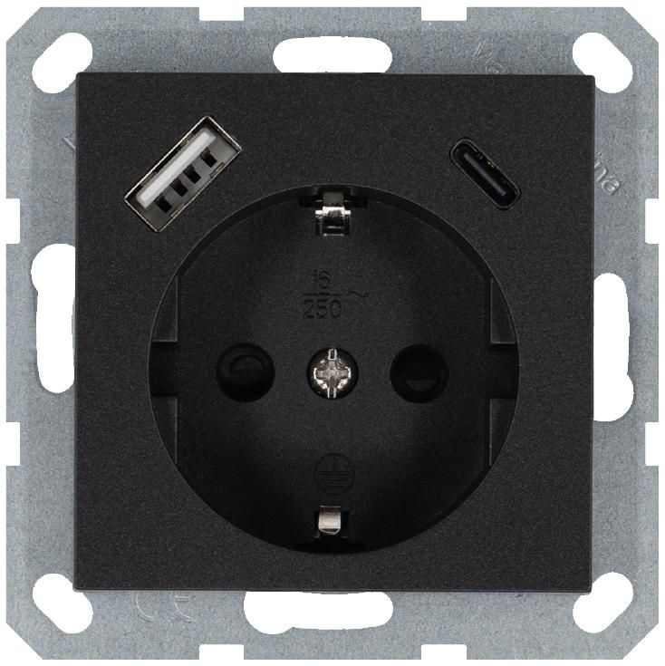 розетка shuko 16а с заземл. защ. шторки с 2-мя заряд. устройствами usb тип a+c 25вт механизм антрацит jasmart g5501usb-25b от BTSprom.by