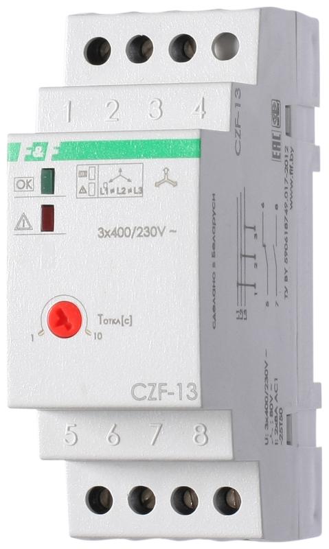 реле контроля фаз для сетей с изолированной нейтралью czf-13 (монтаж на din-рейке 35мм; регулировка задержки отключения; 3х400в 8а 1z 1r ip20) f&f ea04.004.004 от BTSprom.by